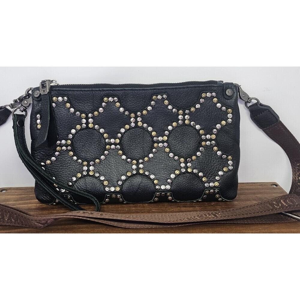 Montana West 100% Leather Studded Crossbody Wristlet Clutch Purse NEW 10"x6"